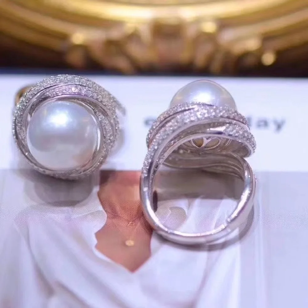 

New Fresh 925 Wrapped Pearl Ring AAAA 11-12mm 12-13mm Nanhai Pearl Ring, Adjustable Ring Mouth