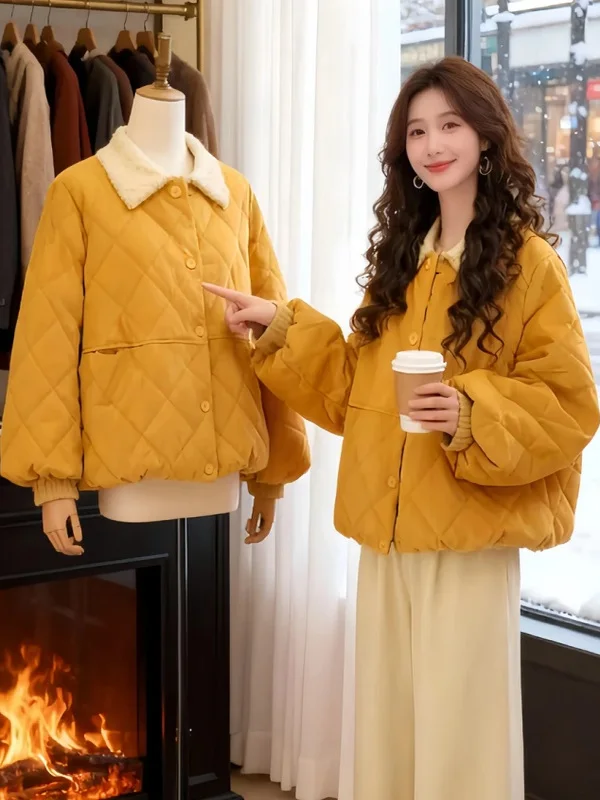 

Hong Kong Sle Cotton Jaet Trendy Diamond Pattern All-Match Women's Faionable ort Coat Korean Loose Fit Warmth