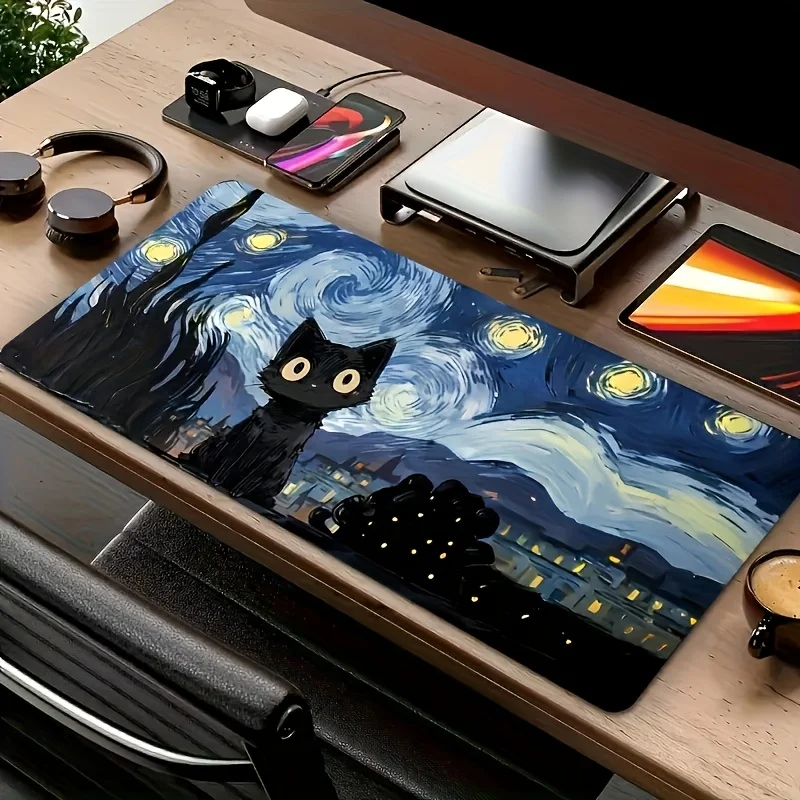VIKAMA Cool Starry Sky Black Cat Pattern XXL Desk Mat Non Slip Wear Resistant Computer Gaming Keyboard Pad Home Decor