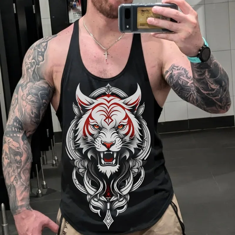 Men's Cobra, Tiger & Dragon Graphic Stringer Vest - Gym Fitness Racerback Tank Top Breathable Stylish for Bodybuilding & Workout