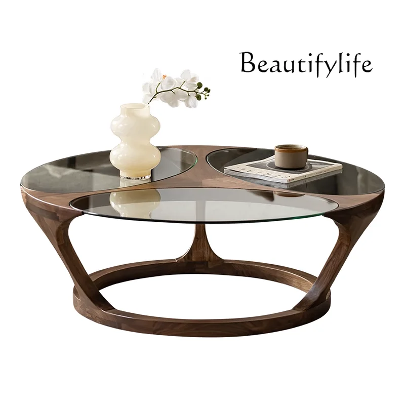 

North American black walnut glass special-shaped coffee table Nordic minimalist living room full solid wood round tea table