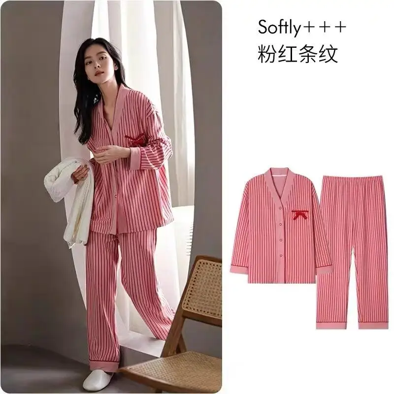 

2025Women Spring Autumn Fashion Comfort Long Sleeve Vneck Korean Edition Soft Cotton Cardigan Pajama Two Piecehome Furnishingset