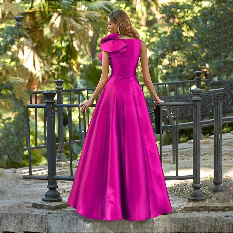 Fuchsia Abendkleider lange Satin Rüschen eine Linie boden lang ärmellose V-Ausschnitt formelle Party Ballkleider Abschluss Frauen Kleid