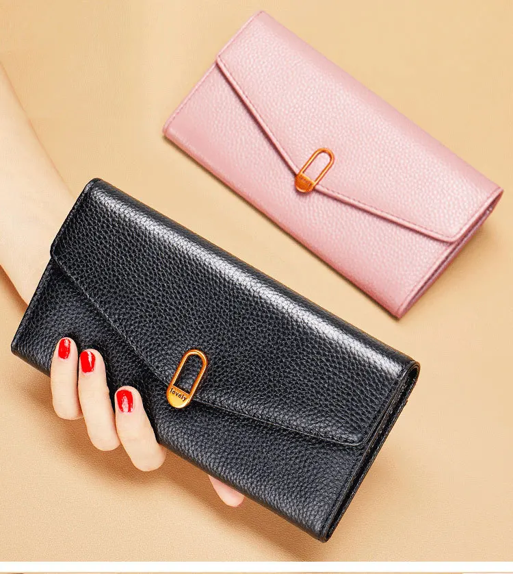 Women's long leather wallet with genuine leather buckle, large-capacity multi-functional wallet for mobile phone storage
