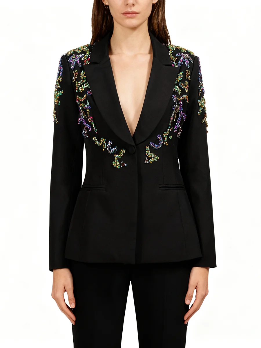TWOTWINSTYLE Solid Slimming Spliced Beading Fashion Blazers for Women Lapel Long Sleeves Tunic Temperament Blazer Female Clothes