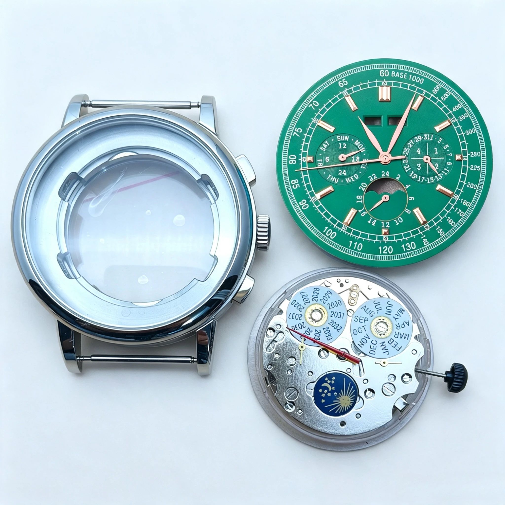 42mm Case+36.5mm Watch Dial Hands+ST1655 Movement Kits for ST1655 Chronograph Perpetual Calendar Movement Sapphire Crystal Shell