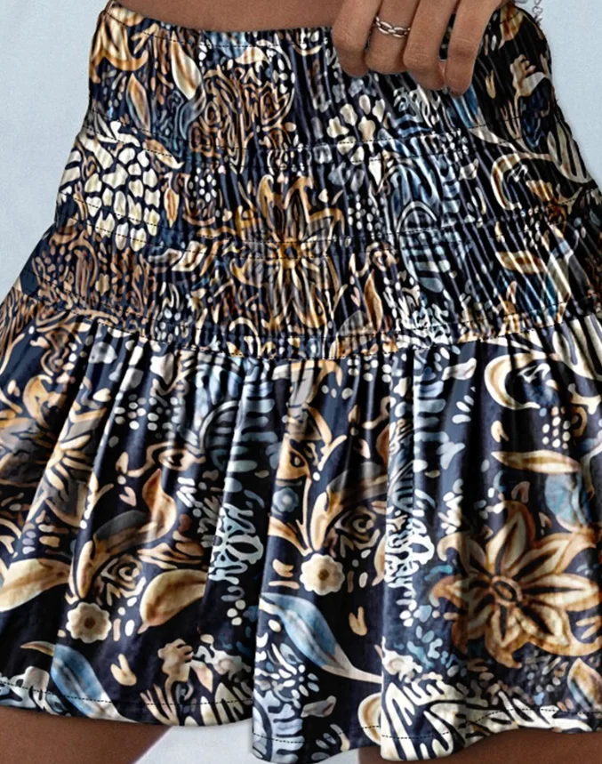 Flower Print High Waisted Shirt Shorts, Summer Casual Pleated Edge Elastic Waist High Waisted Daily Casual Straight Leg Shorts