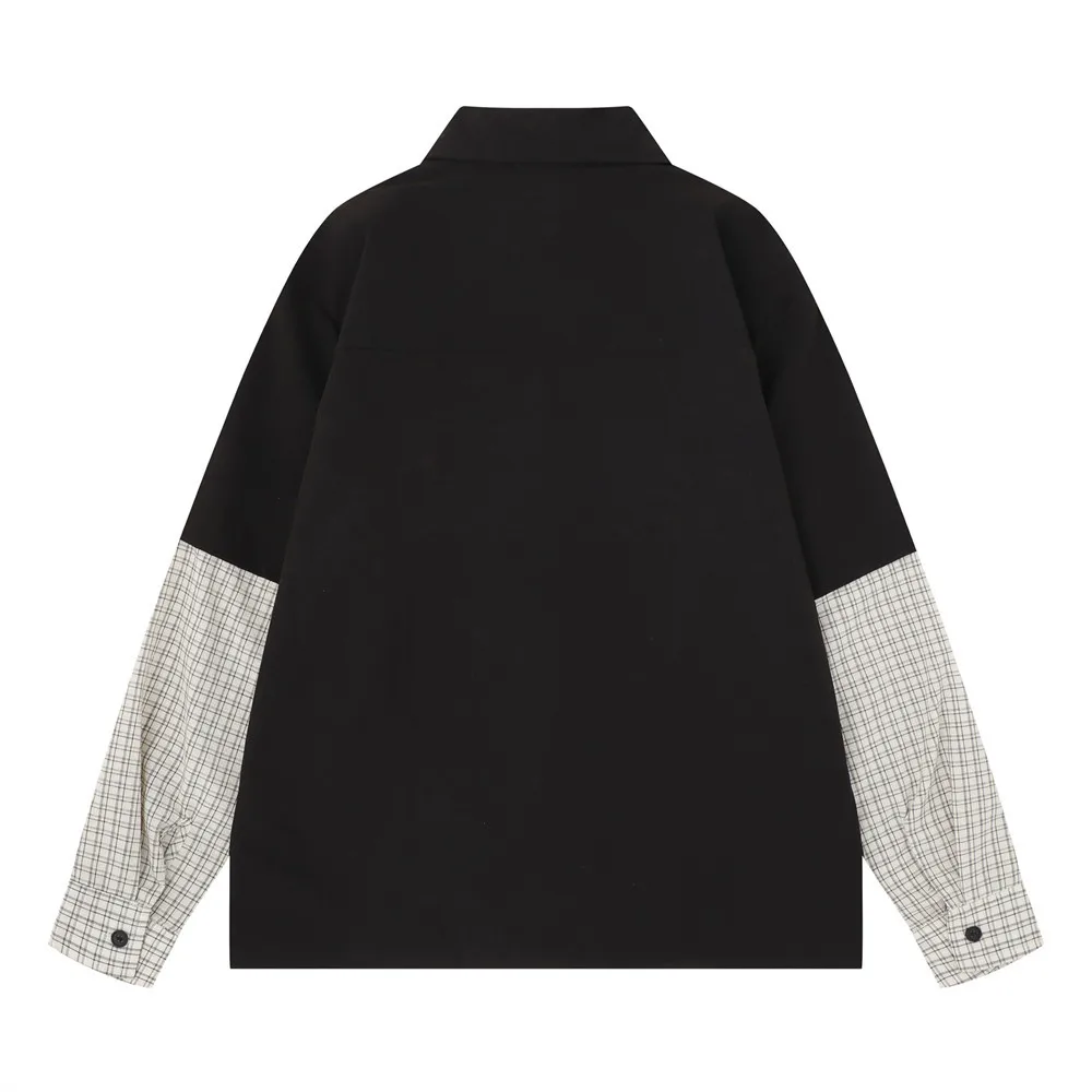 MWJLPWQ Fake Two-Piece Plaid Patchwork Long-Sleeve Shirt Men Spring Autumn Street Fashion Metal Hollow Design Letter Tops 20033