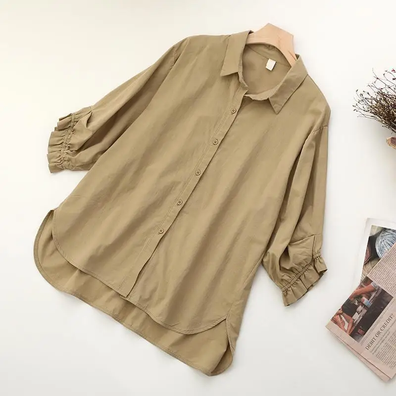 Einfarbiges Rüschenkanten-Laternenärmel-Oberteil mit Sieben-Viertel-Ärmeln Einreihiges Hemd Frühling Sommer Neue Koreanische Version Damen Locker Sitzende Übergrößen-Bluse – Detail 21