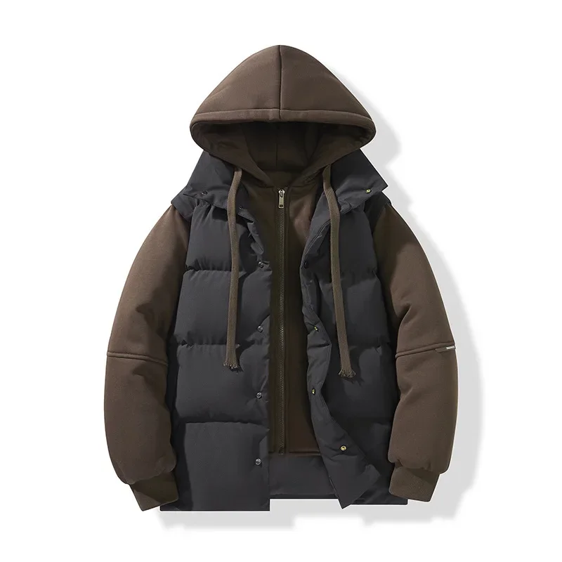Contrast Color Patchwork Hooded Padded Jacket Mens Winter Thick Warm Quilted Coat Zip Up Loose Fit Streetwear Big Outerwear