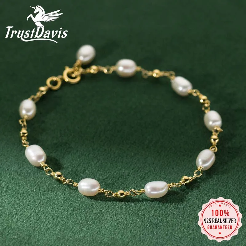 

TrustDavis Girls 925 Sterling Silver Bracelet Unique Design Retro Pearl Bracelets for Women Wedding Jewelry Gift DS4557