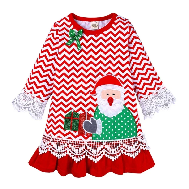 

Christmas Girls Dress Santa Claus Long Sleeve Wavy Ruffle Xmas New Year Kids Dresses Autumn Cotton Casual Striped Skirt 0-5Y