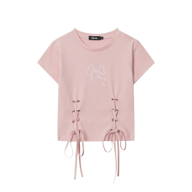 Design Sense Ribbon Short Style Hot Diamond Bow Round Neck T-shirt Women's 2023 Summer Sweet Spicy Short Sleeve Top