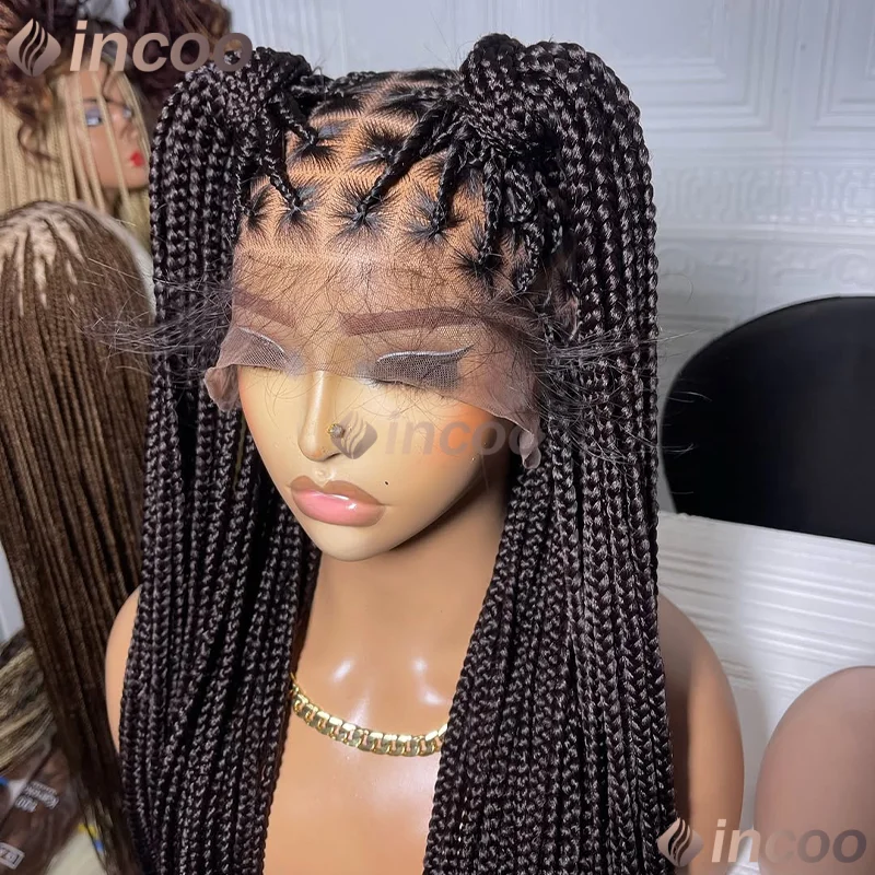 Wig Sintetis 36 inci, Wig Full Lace Front untuk Wanita, Rambut Kepang Cornrow, Wig Hitam, Sedang Diskon
