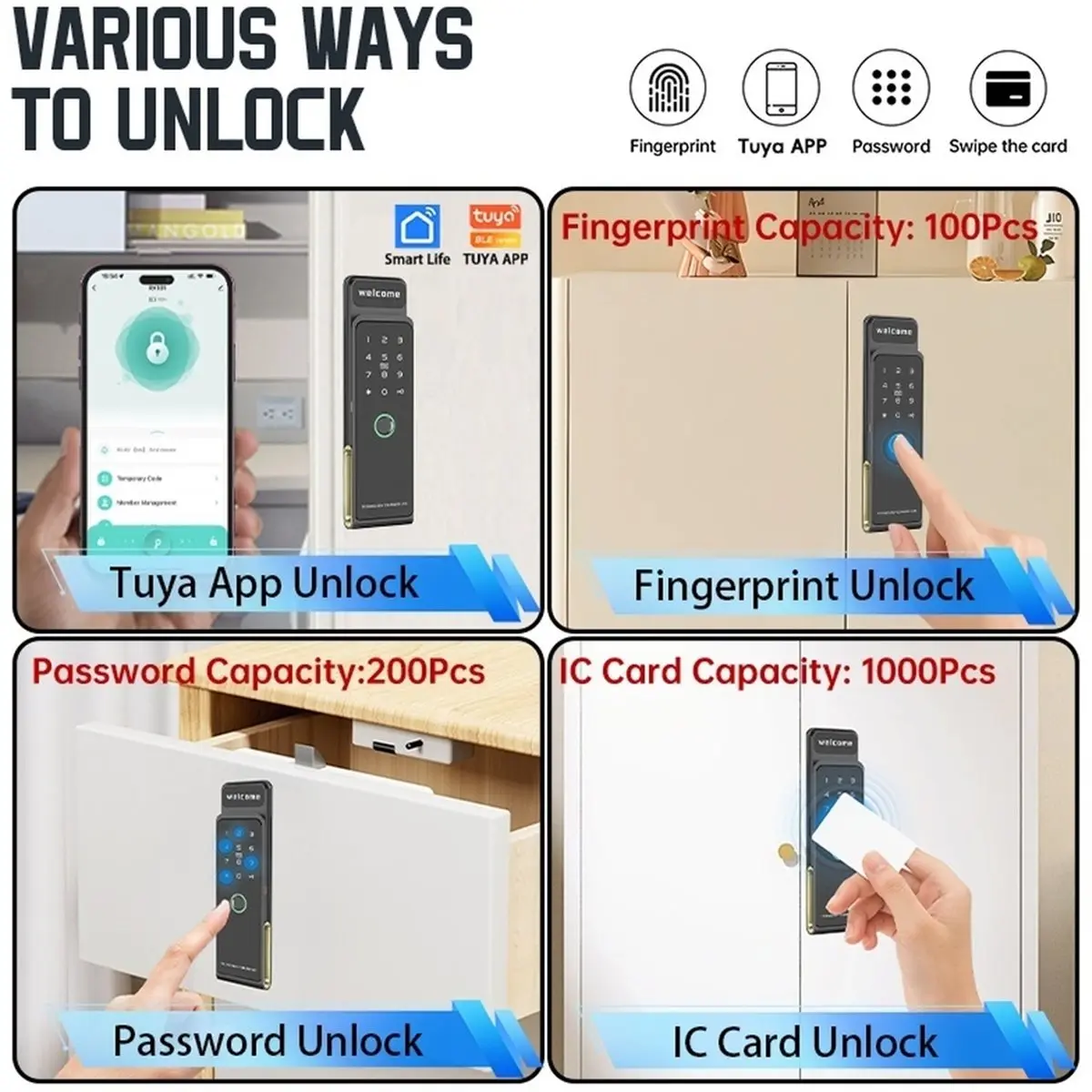 For Tuya Smart Fingerprint Cabinet Lock Digital Electric Drawer Lock with Card/APP/ Passwork Unlock for Gym/Home