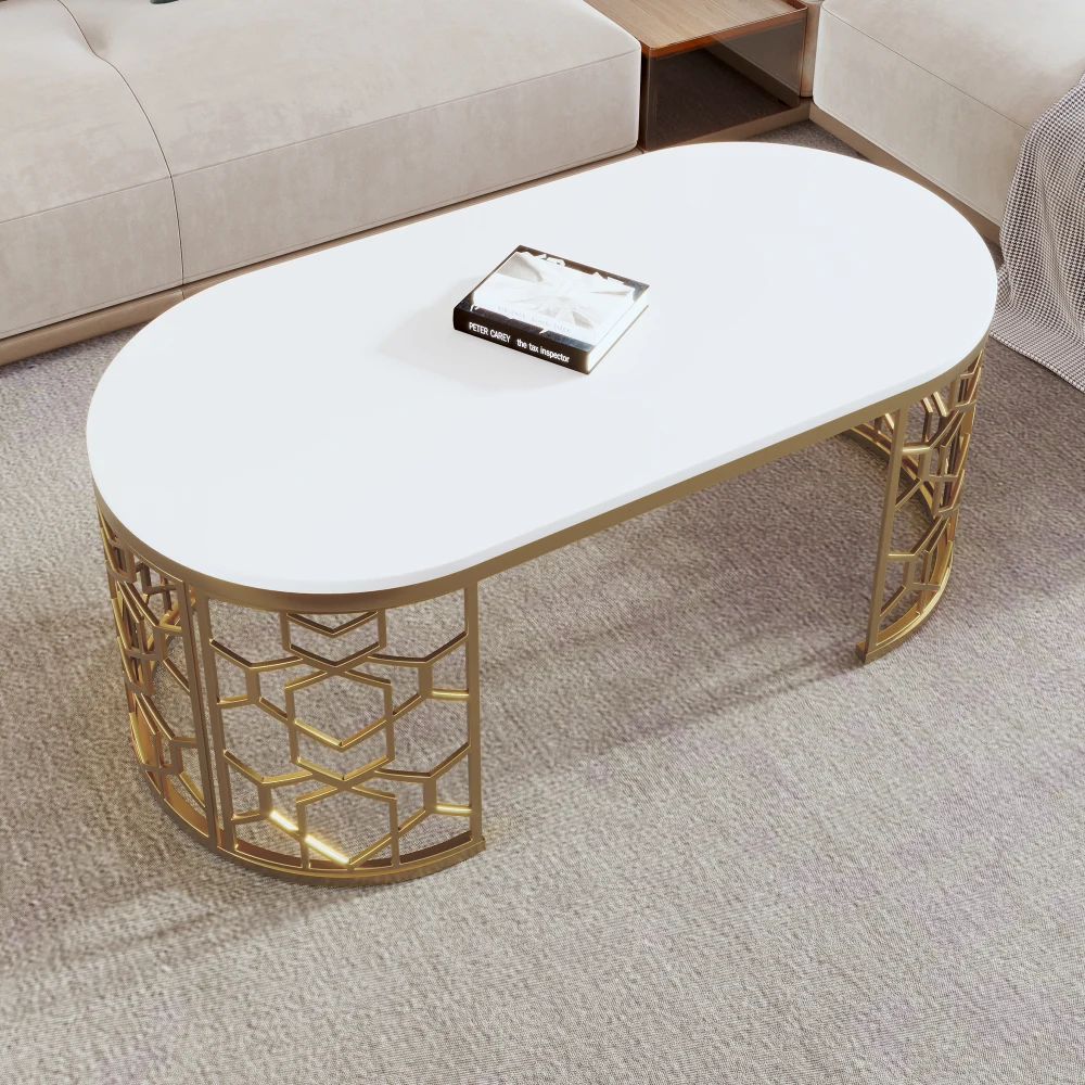 Modern Oval Coffee Table with Cut-Out Pattern Metal Stainless Steel Frame in 47.2