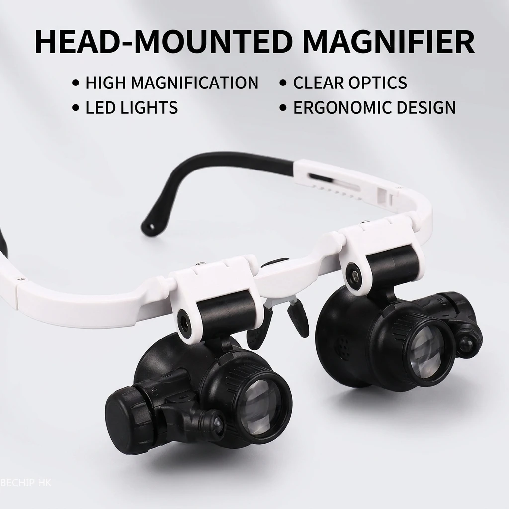 Adjustable LED Light Head-Mounted Magnifying Glass 8X 15X 23X Jewelry Loupe for Welding Soldering - Hands-Free Magnifier with Ca