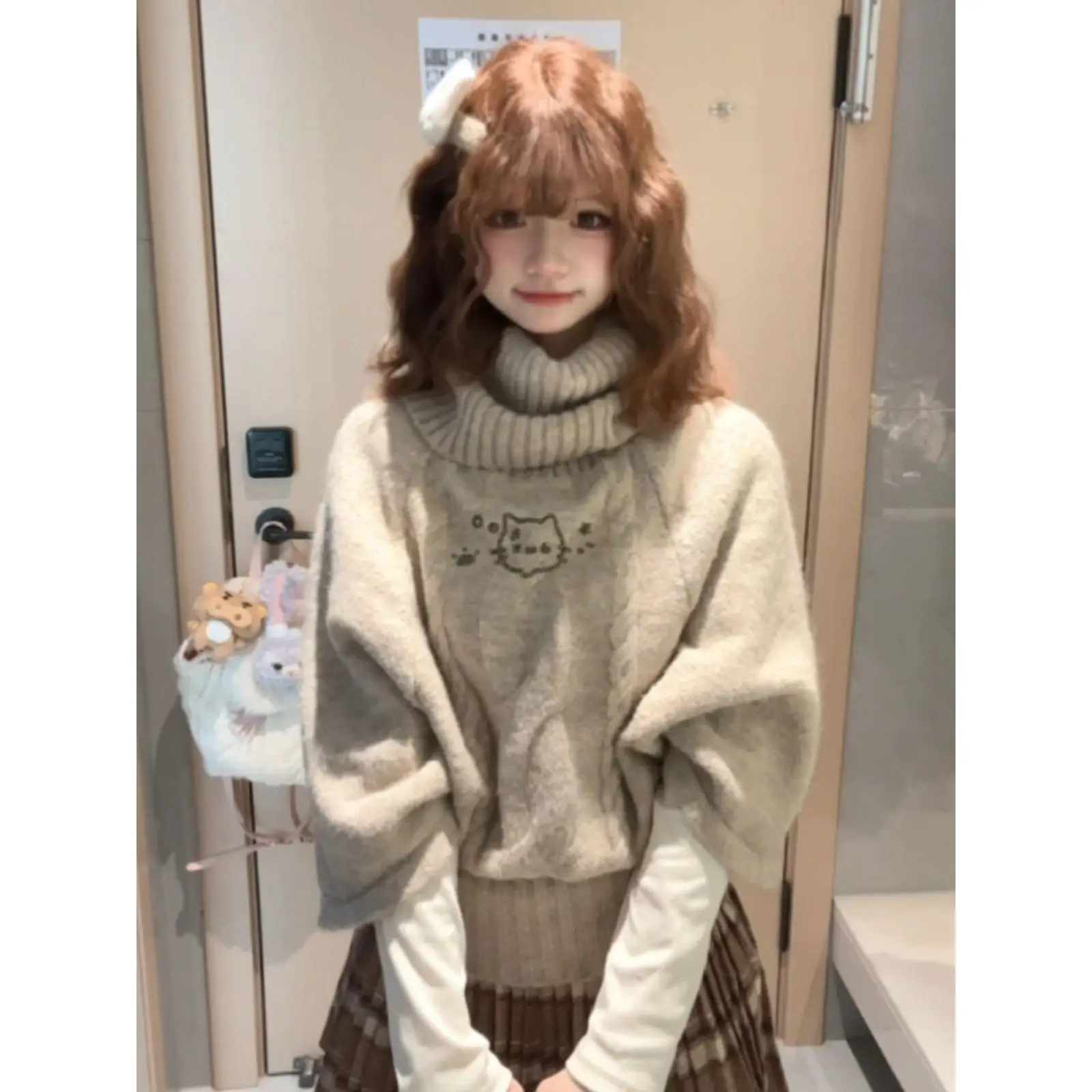 

Japan Twist Pullover Cape Turtleneck Sweater For Women Autumn Winter New Style Lazy Outer Design Printed Knitted Top
