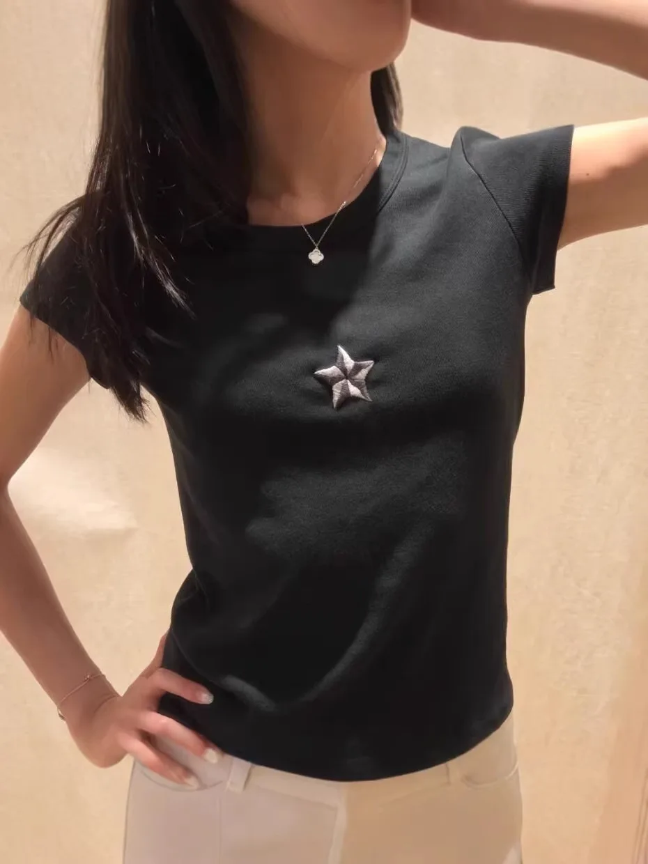 Retro Five-pointed Star Print T-shirts Women Streetwear Slim Fit Versatile Short Sleeve Tees Vintage Chic Simple Tshirt Y2K Tops