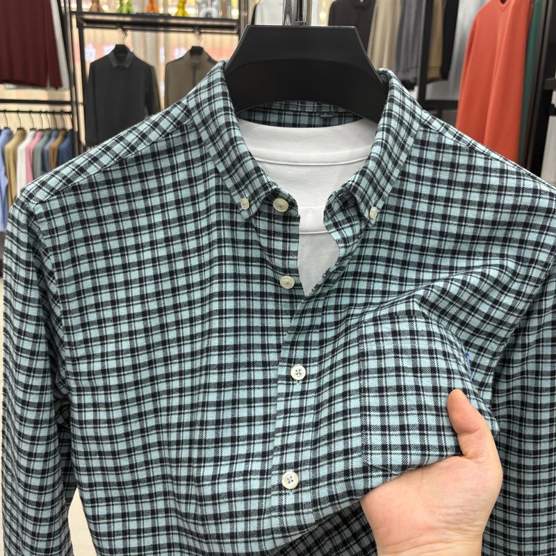Men's Cotton100% autumn high quality shirt sanding grid lapel pocket long sleeves leisure exquisite fashion Men's clothing tops