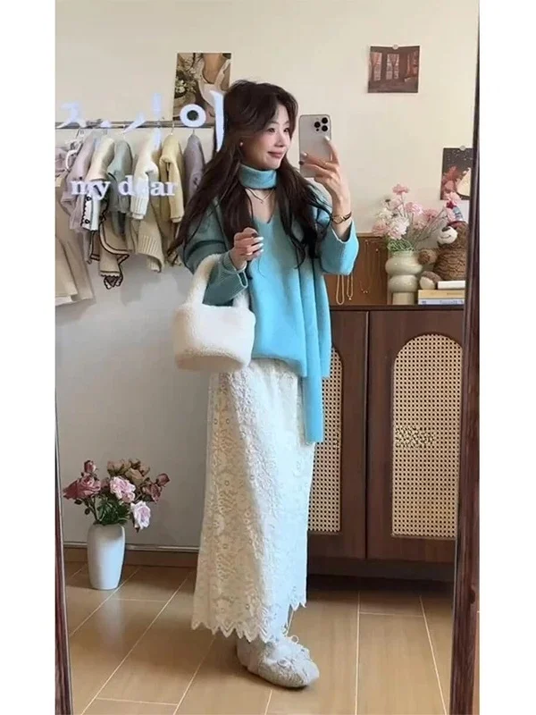 

Chic Loose Women's Two-Piece Set Beautiful Pure Color Top And Half-Skirt Fashionable Korean Style Winter Wear Casual Outfit