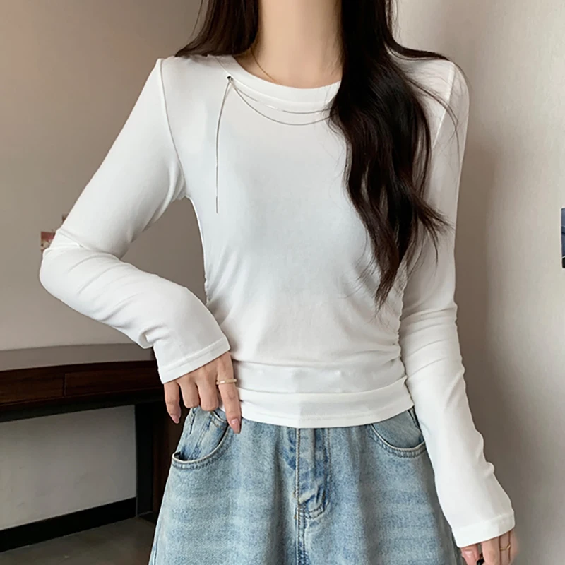 Crop T Shirt Women Chain O-Neck T-Shirt Autumn Cotton Long Sleeve Top Korean Style Woman Clothes Folds Tee Shirt Femme Camisetas