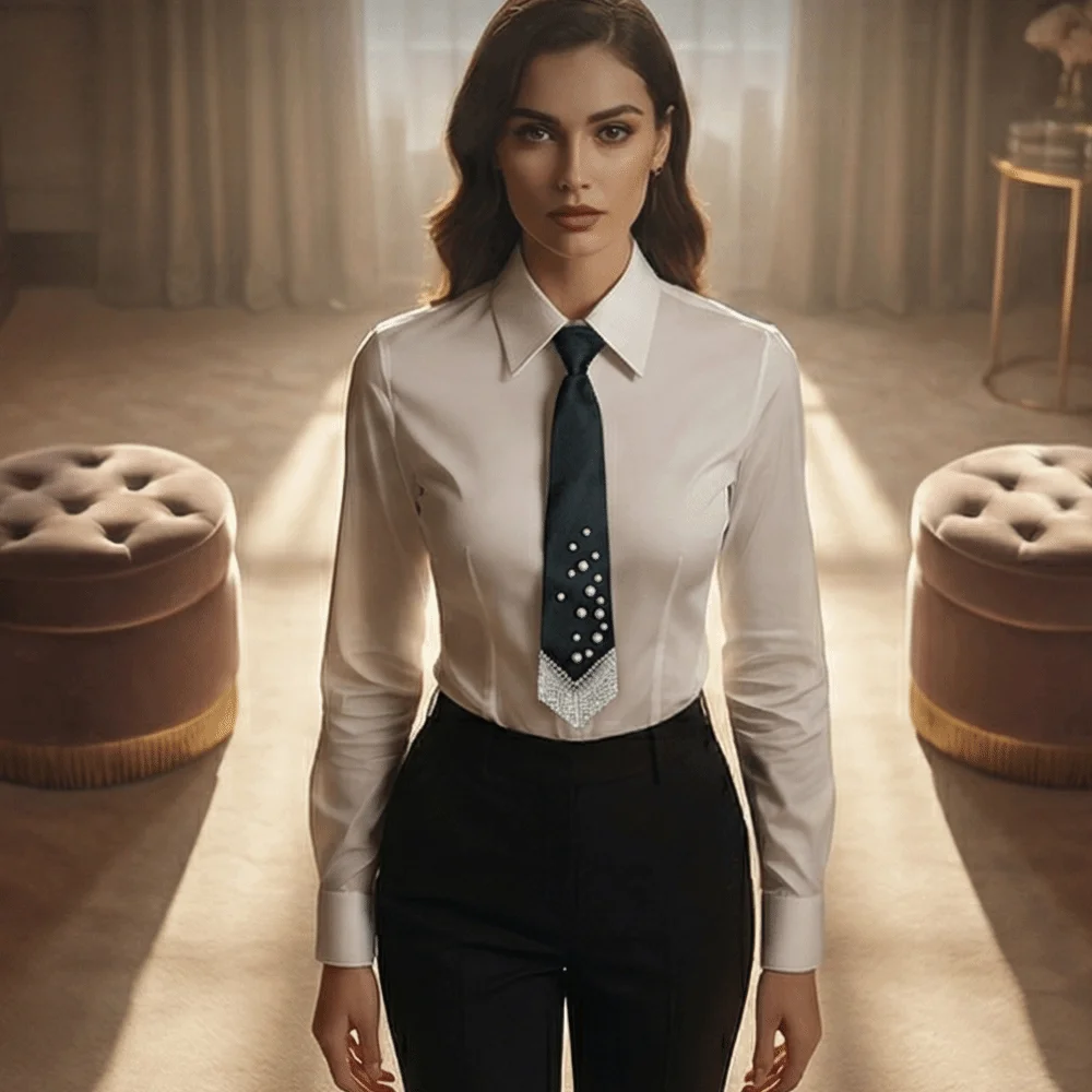 

Rhinestone Pearls Tie Black Academic Style Hand-beaded Long Necktie Collares Korean Style Decoration Shirt Tie Women