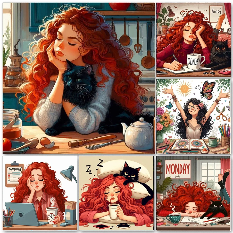 

DIY алмазная живопись, новинка 2025 года, ленивая девушка и кошка, алмазная мозаика, картина, вышивка, домашний декор, вышивка крестиком, настенное искусство