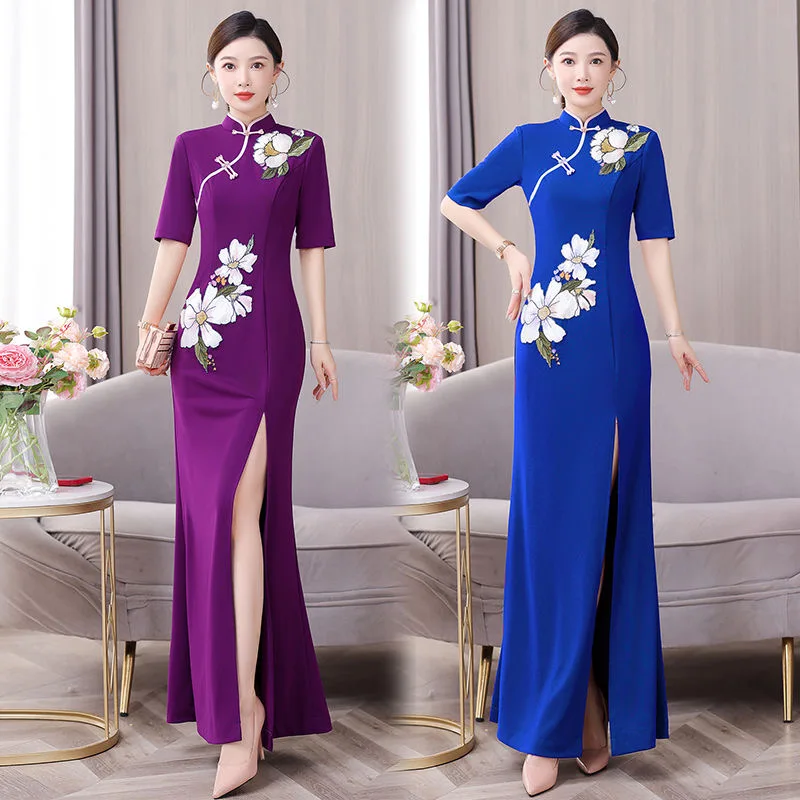 

Женское Вьетнамское платье Aodai в стиле ретро с цветочной вышивкой, вечернее платье Cheongsam, восточная танцевальная одежда для выступлений на сцене