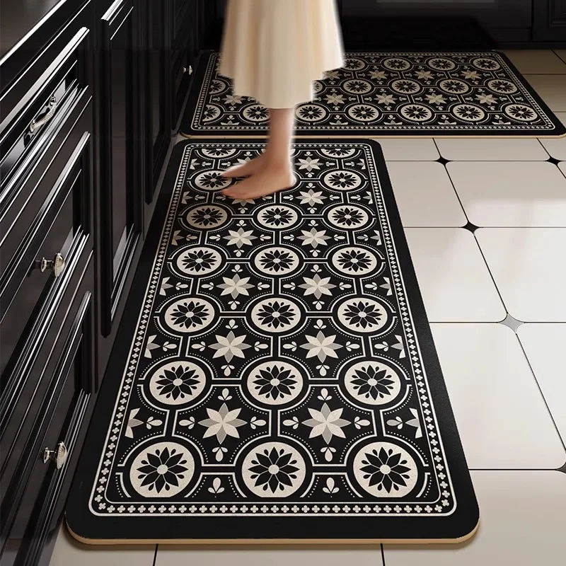 Vintage Kitchen Carpet PVC Leather Washable Kitchen Floor Mat Oil-proof Dirty Resistant Easy Clean Kitchen Rug Home Decoration