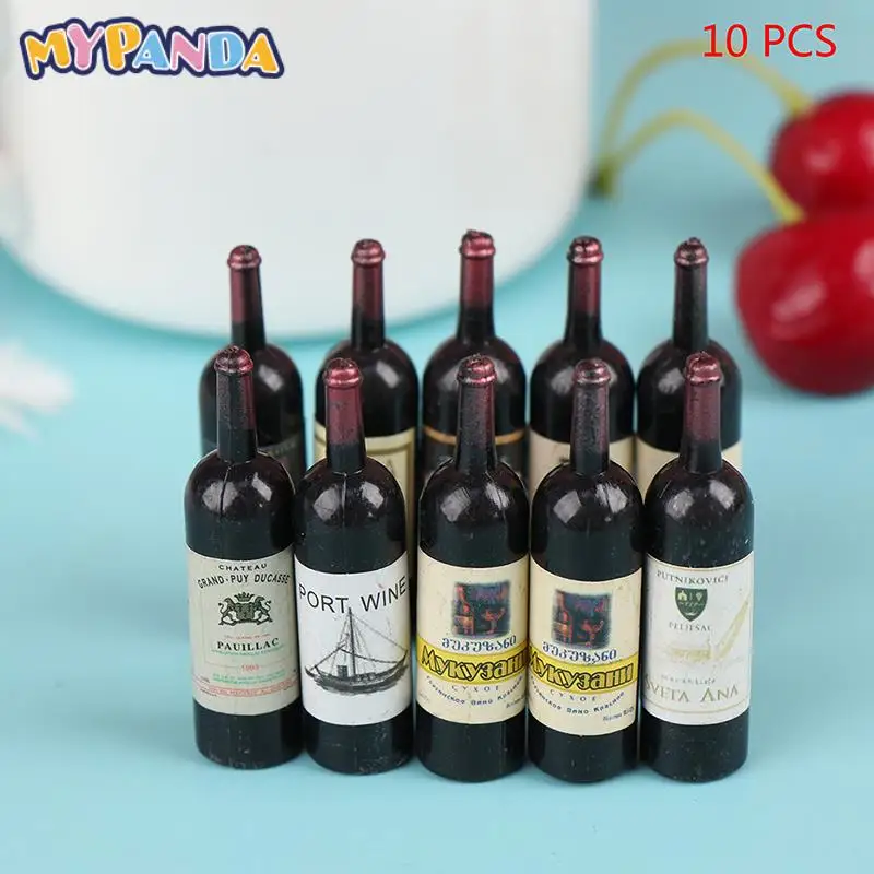 Miniatura Acessórios para Doll House Decoração, Mini Garrafa de Vinho com Caixa, Simulação Bebidas Modelo Brinquedos, 1:12, 10Pcs