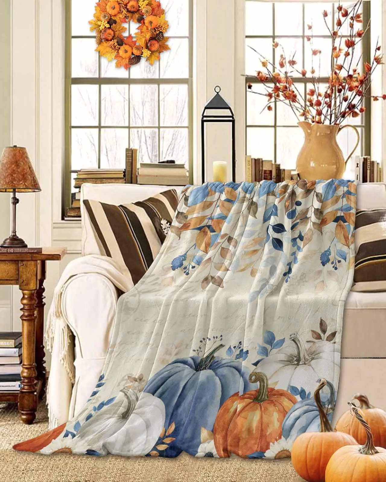 Blue Pumpkins Fall Throw Blanket, Blue Orange Eucalyptus Leaves Thanksgiving Flannel Fleece Blanket,  Beige Autumn Lightweight