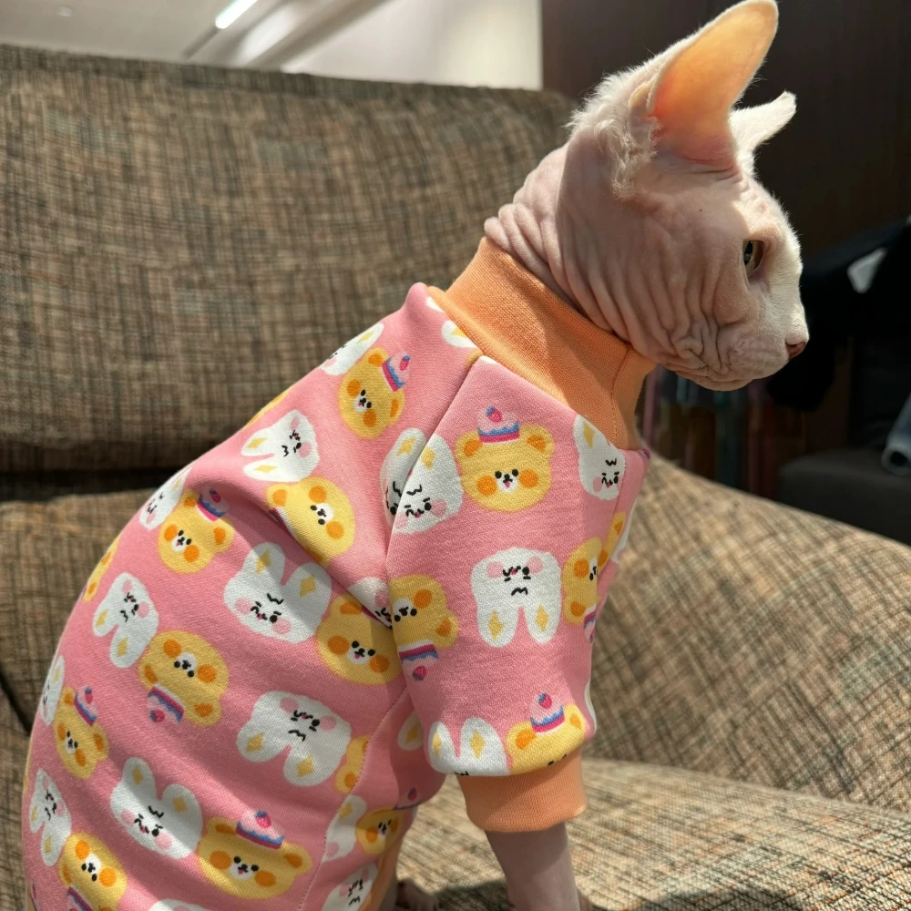 Pink Cotton Coat for Sphynx Cat in Autumn Soft Cartoon Sweatshirt for Kittens Warm Cute Rabbit Undercoat for Devon Rex in Winter