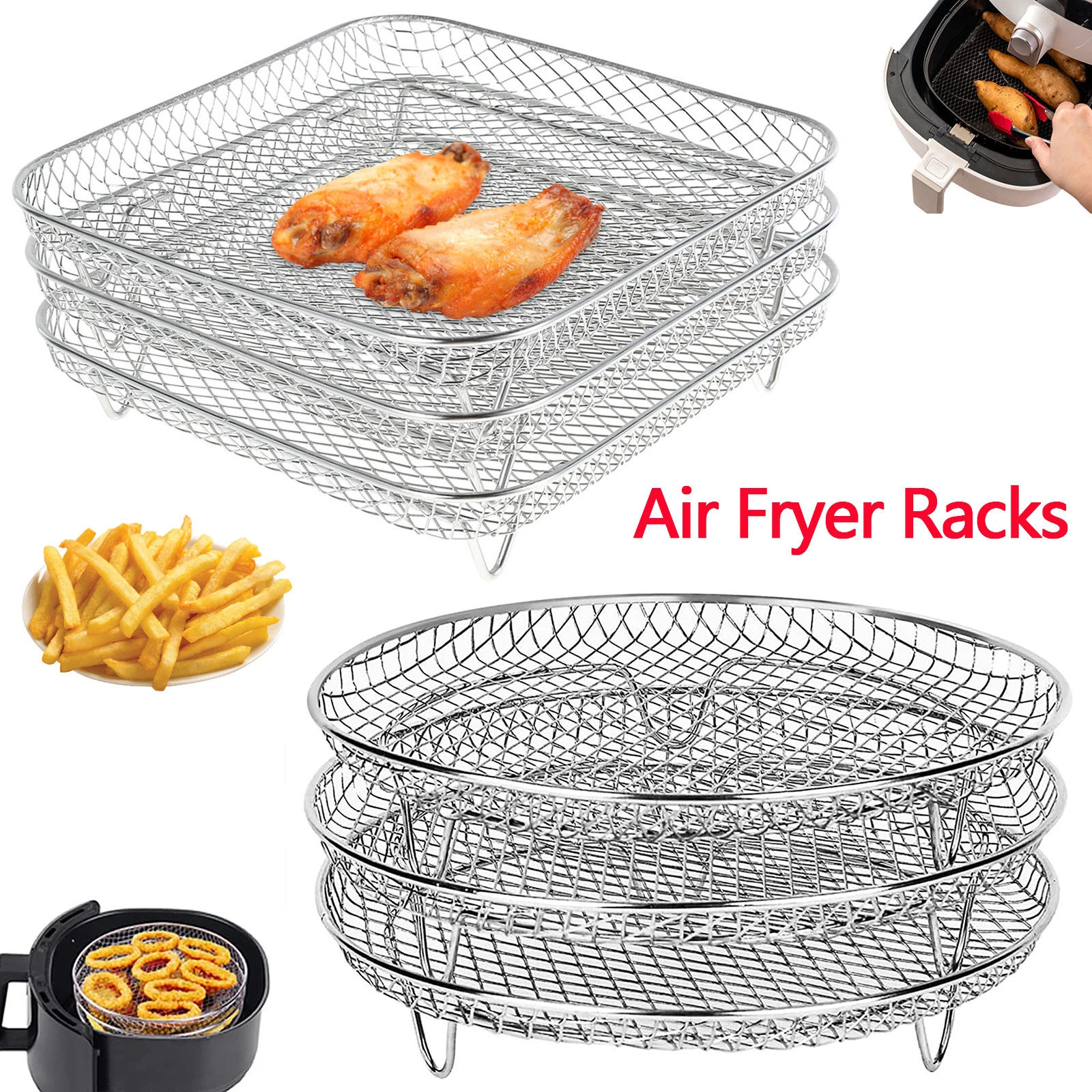 

Air Fryer Baking Rack Square/Round Oven Grill Racks Airfryer Accessories Stainless Steel Stackable BBQ Grill Rack Food Basket