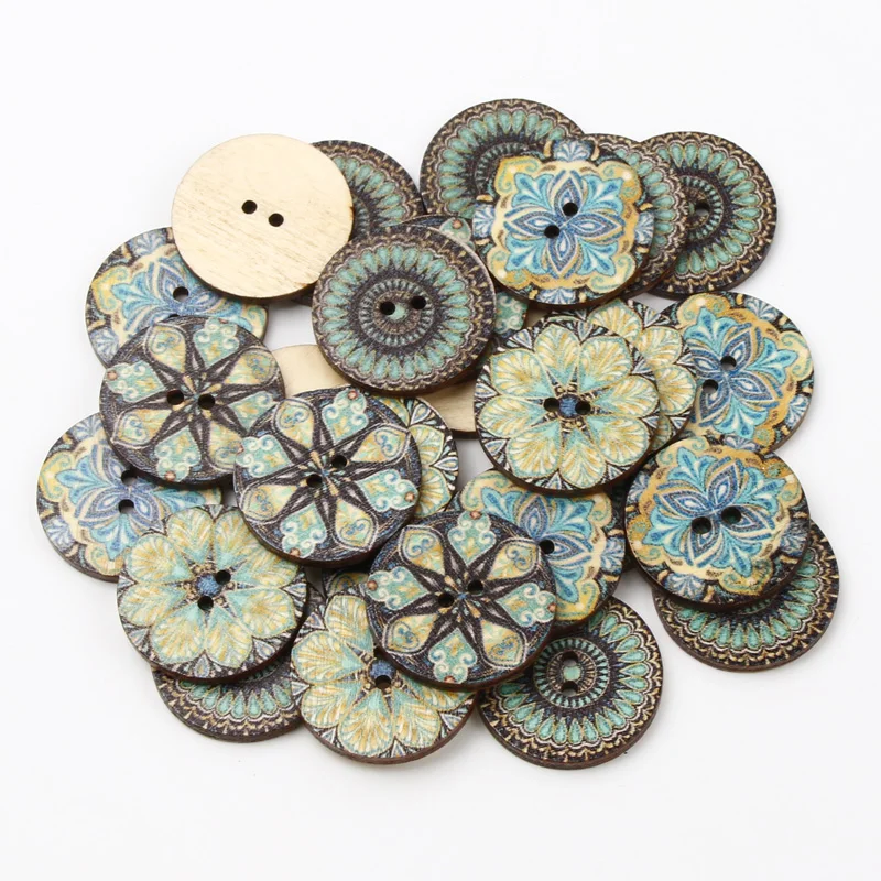 30pcs/lot 25mm Blue Vintage Paint Round 2Hole Wood Buttons For Clothing Sewing Accessories Kids Needlework Decorative Buttons