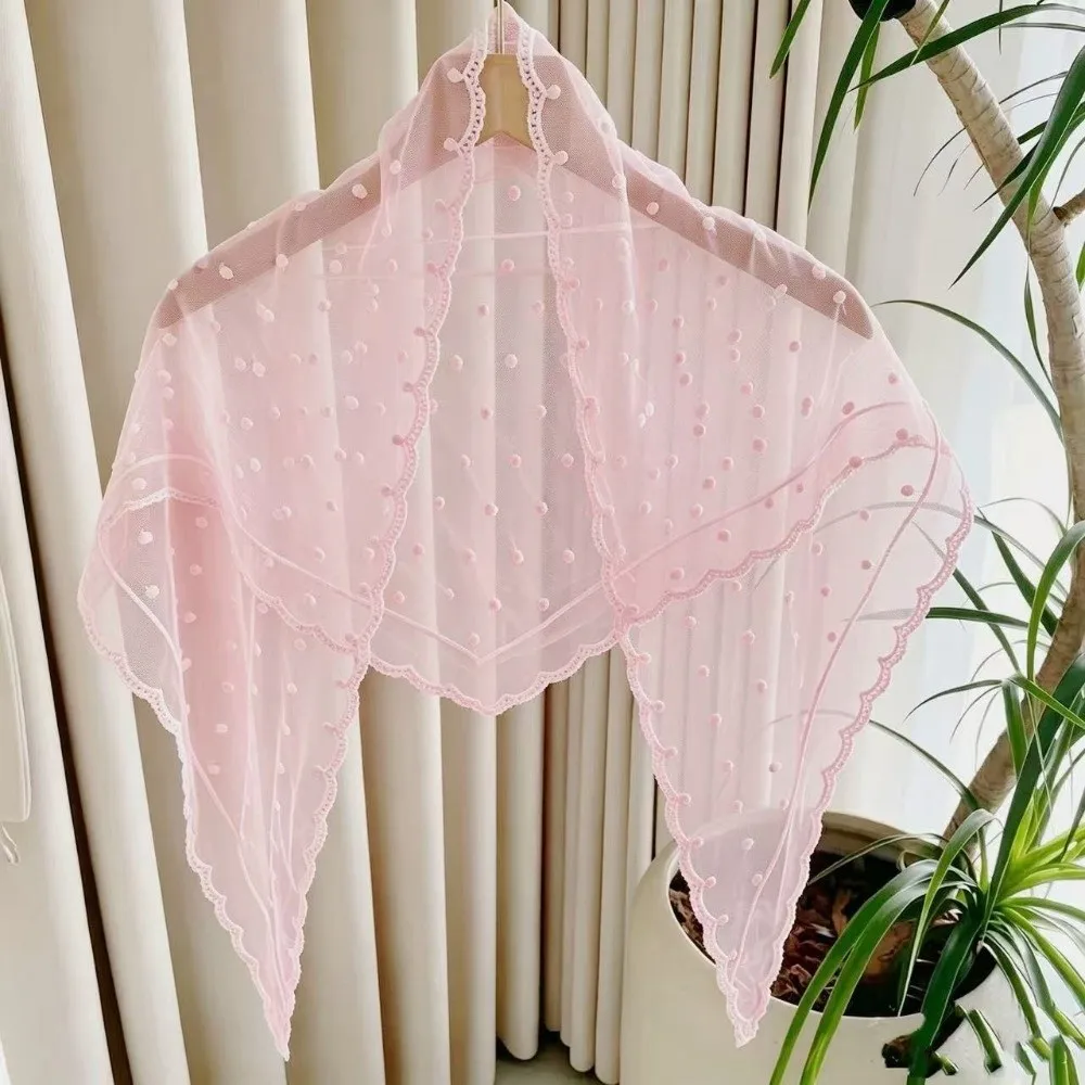 Elegant Lace Embroidered Triangle Scarf Sheer Multi-Functional Head Scarf Pastoral Style Polka Dot Shawl Wrap Beach Cover Up