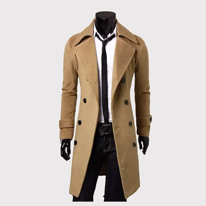 Trench coat masculino duplo breasted mistura de lã 2023 outono inverno sólido casual fino ajuste jaqueta longa casaco de lã moda roupas masculinas