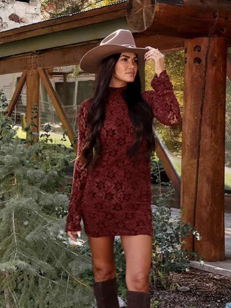 花刺繍レトロミニドレス女性のセクシーなフルスリーブスリムハイウエストタートルネックショートドレスレディ休暇ストリートガウン