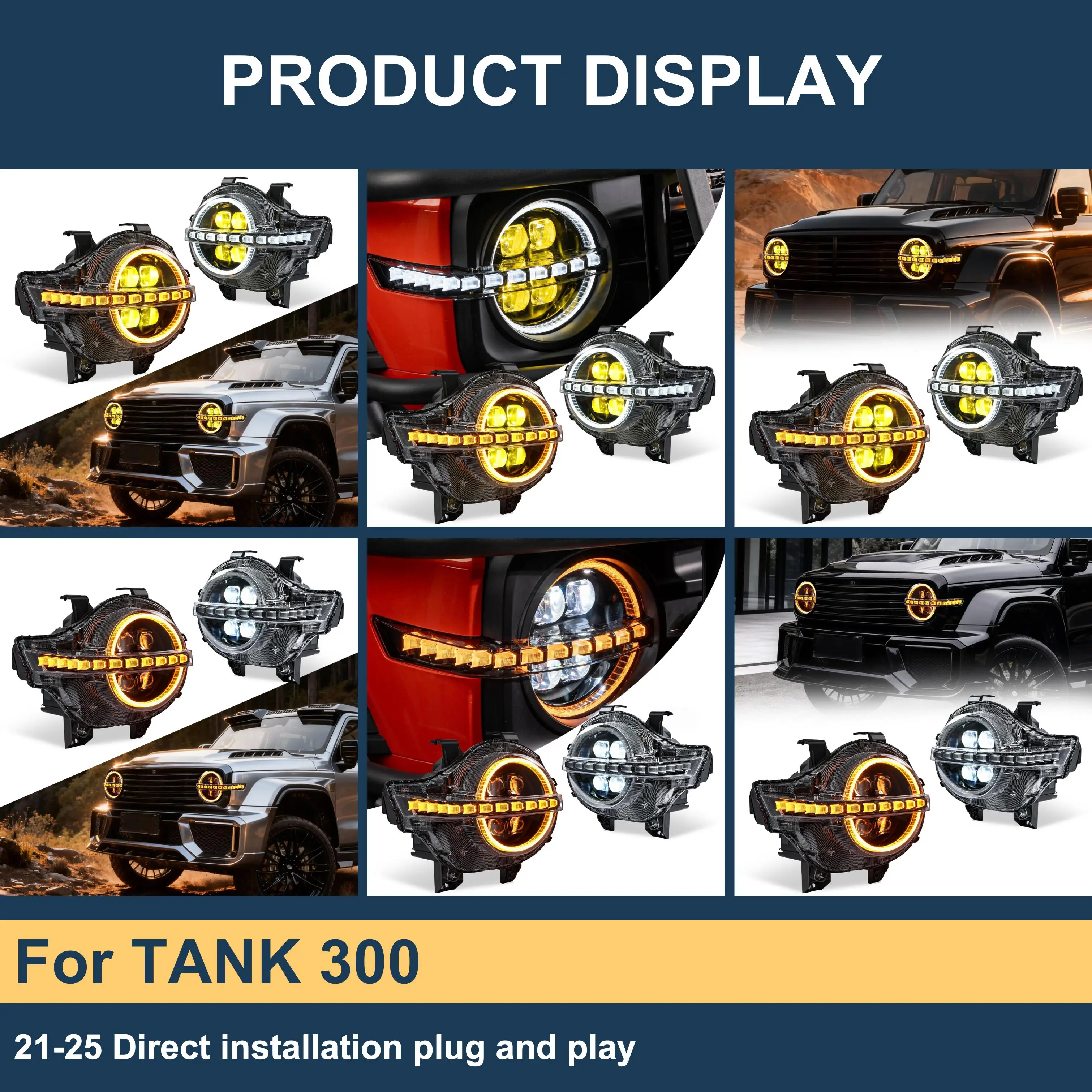 J ONE High Beam Yellow White Switchable LED Headlight for TANK 300 2021-2025 Retrofit Pair