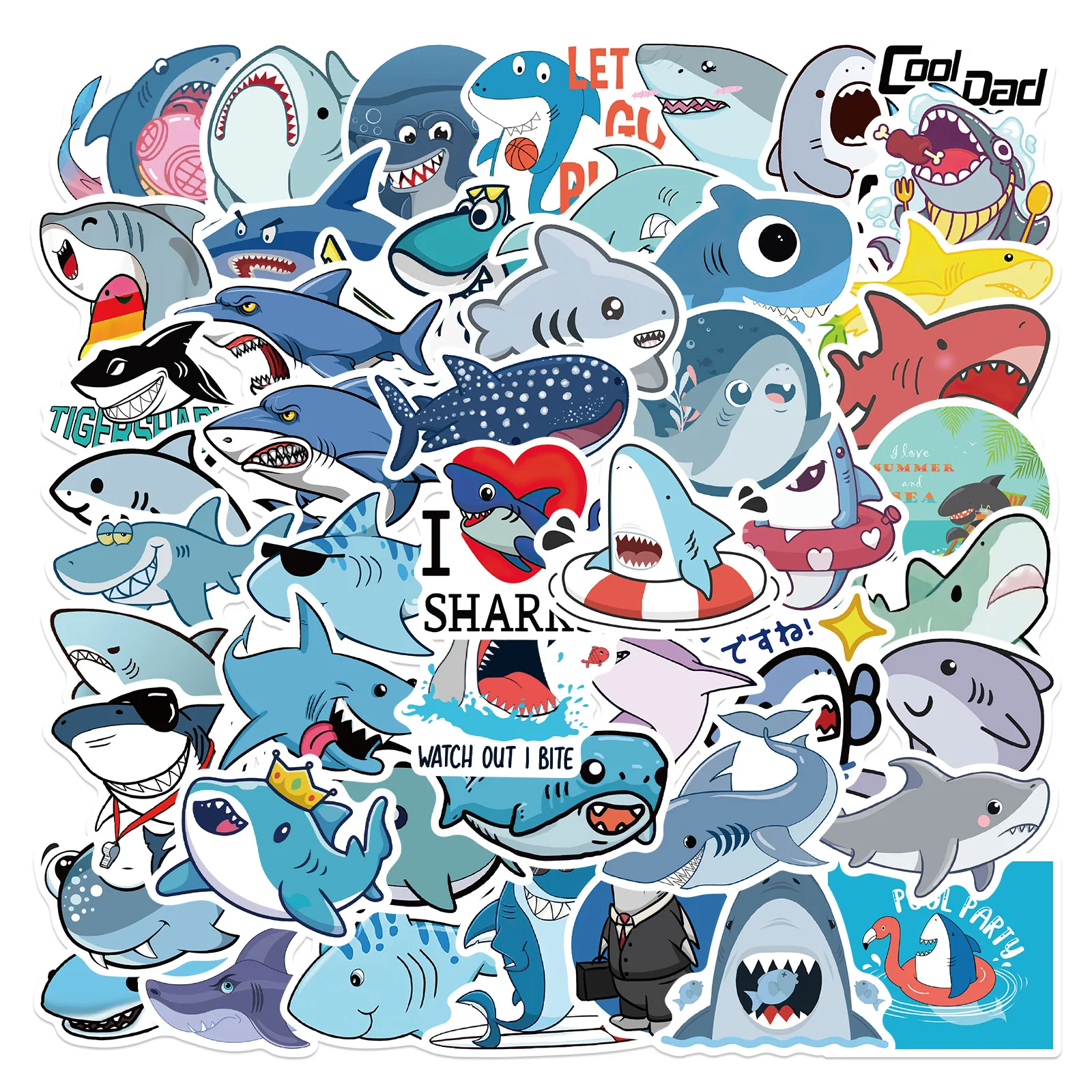 10/30/50PCS Cool Cartoon Shark Stickers Kids DIY Toy Gift Notebook Suitcase Stationary Bike Decoration PVC Sticker Funny Decals