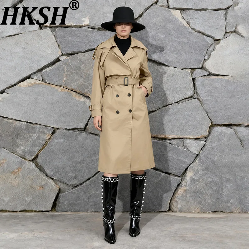 

HKSH Spring Autumn New Women Long Trench Coats Elegant Solid Color Belted Double Breasted Versatile High-end Windbreaker HK17862
