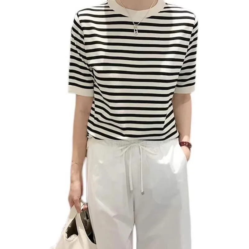 Classic summer thin black and white striped ice silk short-sleeved knitwear women loose slimming large size half-sleeved T-shirt