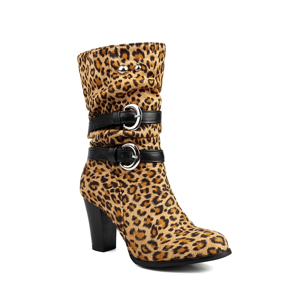 Botas De Mujer Round Toe High Heel Leopard Women Boots Autumn Winter Belt Buckle British Style Goth Shoes Big Size 48 183-12