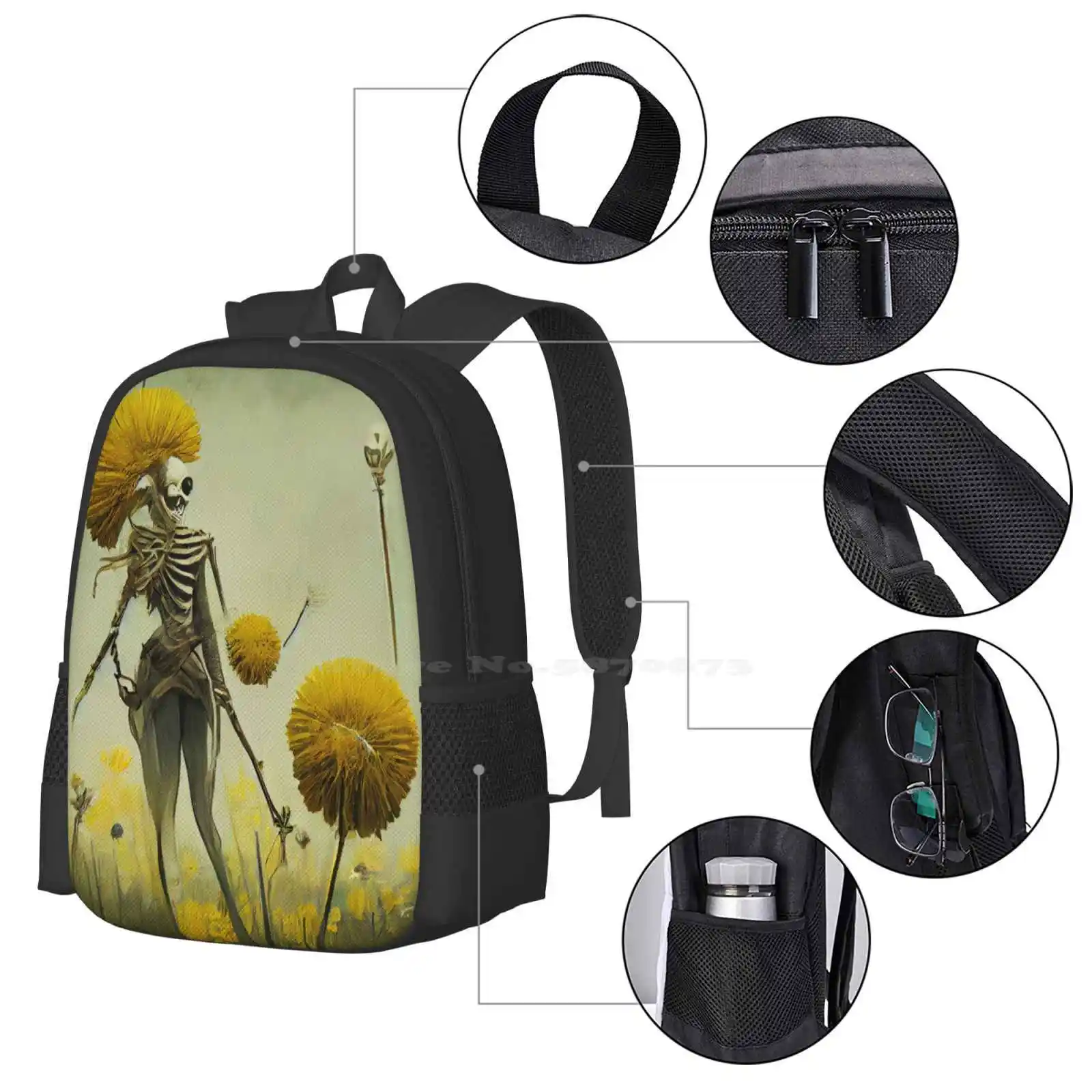 Esqueleto mulher e flores mochila, dente-de-leão floral amarelo, bolsa botânica para adolescentes, homens e mulheres