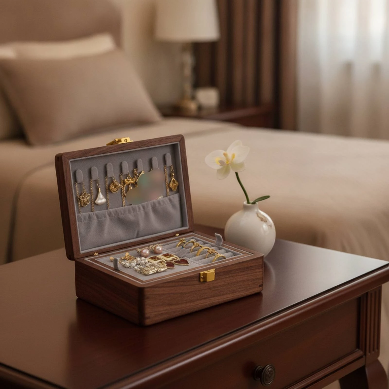 Wooden Jewelry Box Compact Walnut Jewelry Box Organizer Organized Long-Lasting for Women, Dresser, Vanity