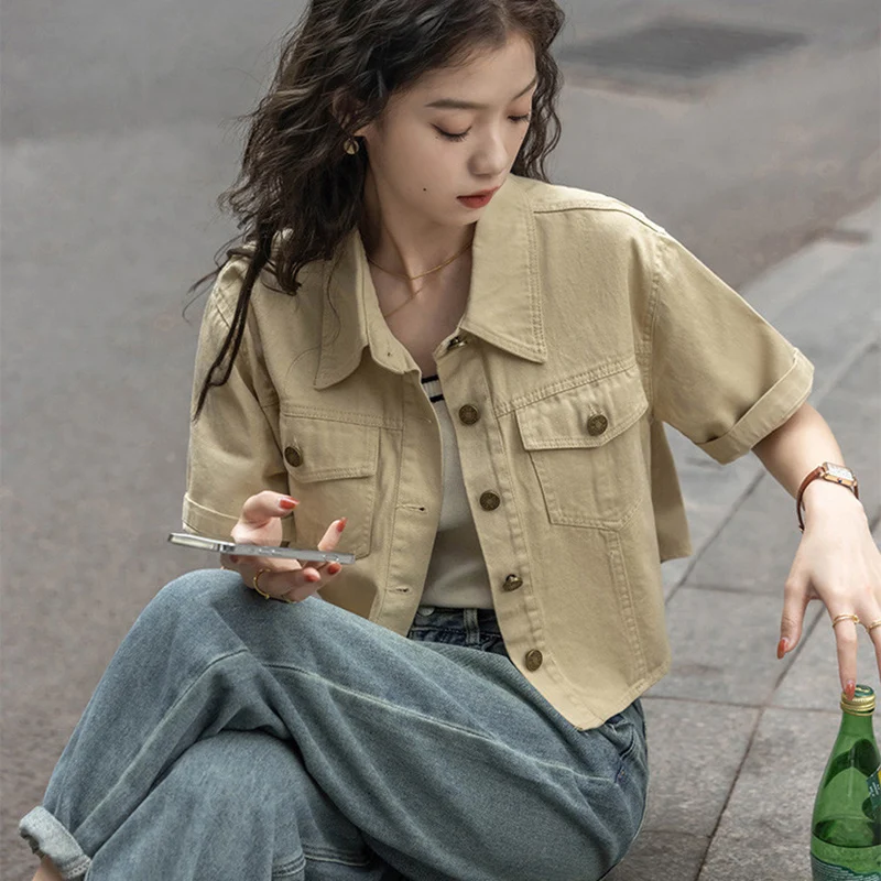 Vintage Khaki Denim Shirt Women 2025 High Street Short Sleeve Cropped Shirt Women Summer Streetwear Y2K Cargo Jacket Female