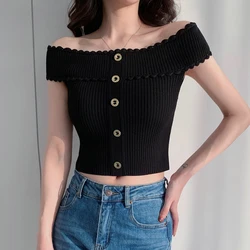 Women's  T shirt Off Shoulder Slim Sexy Knitted French Lace Fit Crop Top