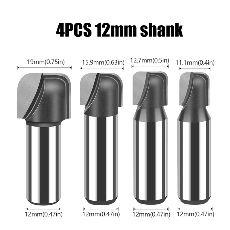 4Pcs Bowl & Tray Router Bit Round Nose Groove Head Wood Cutter Woodworking Tools Carving Cutting Tool