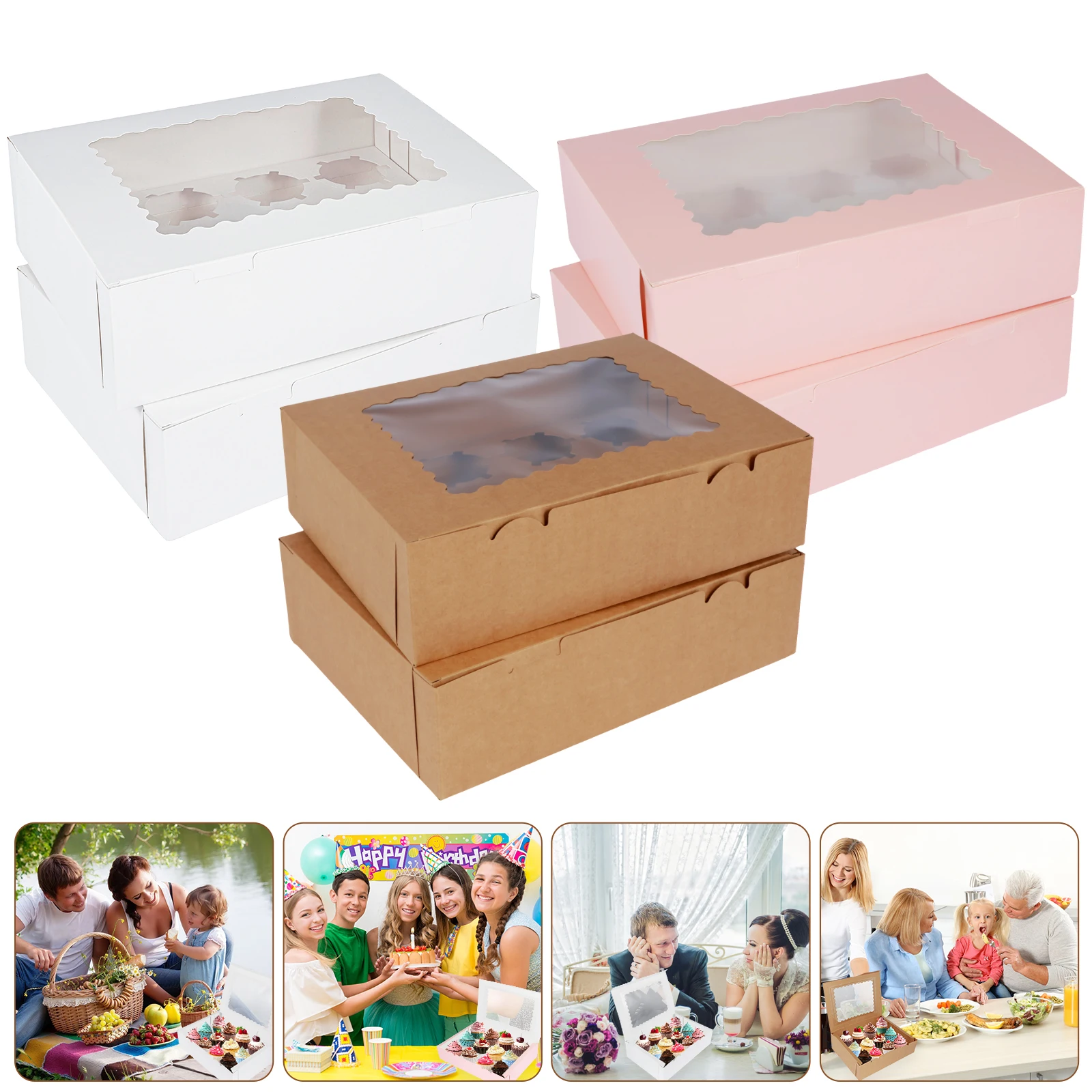 12Pcs Paper Cupcake Boxes Paper Cupcake Container with Clear Window 12 Cavity Muffin Cupcake Box Paper Bakery Cake Box