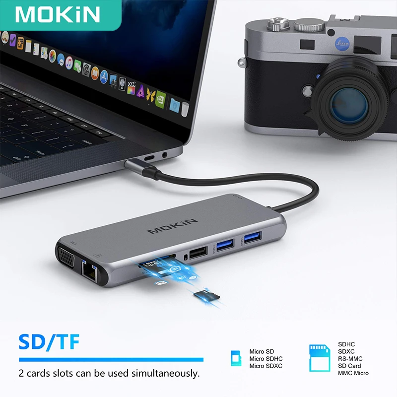 MOKiN 12 w 1 USB-C stacja dokująca do laptopa USB typu C Hub Multiport Adapter HDMI VGA USB SD/TF podwójny Monitor do laptopów Lenovo